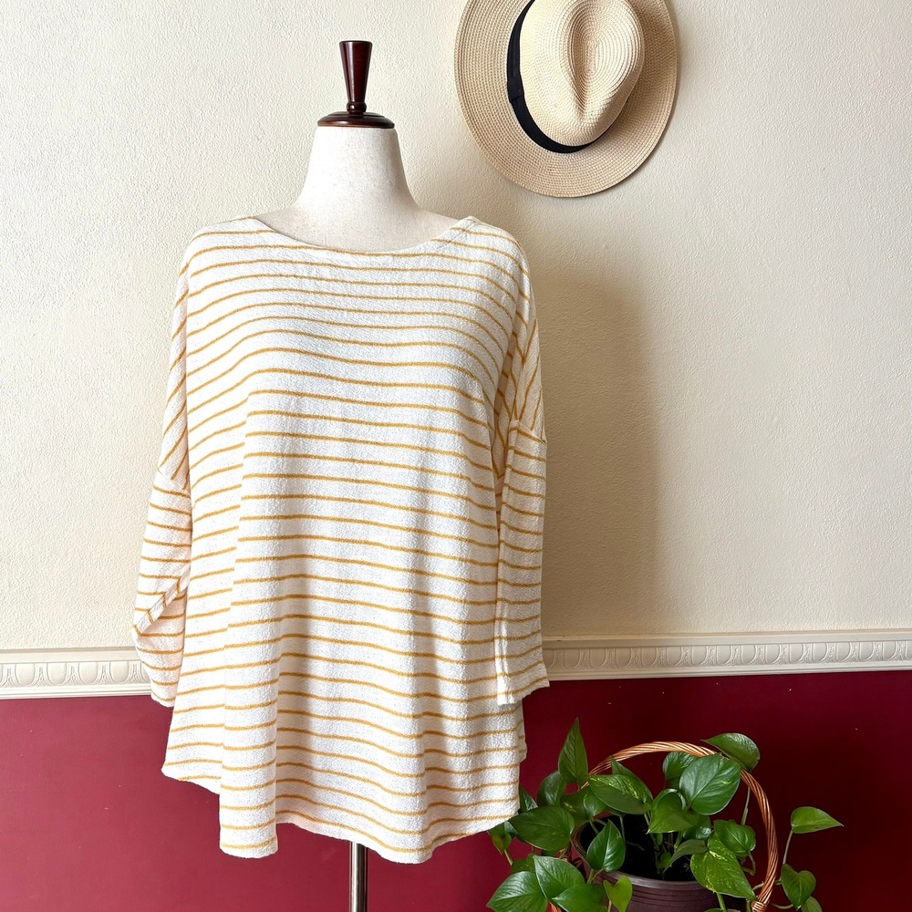 J. Jill Gold & White Striped Cotton Knit Top 3X Half Sleeve Boat Neck Relaxed
